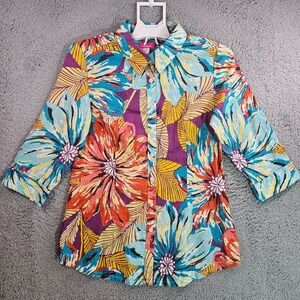 Pappagallo Shirt Top‎ Women Small Button 3/4 Sleeve Colorful Floral Leaf Print